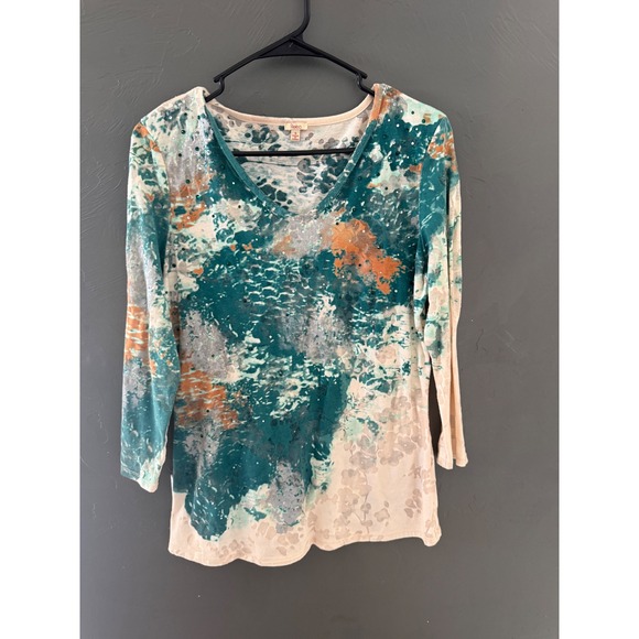 Reba Tops - Reba Womens Teal Orange Abstract Watercolor Sequin Western Rhinestone Top Small